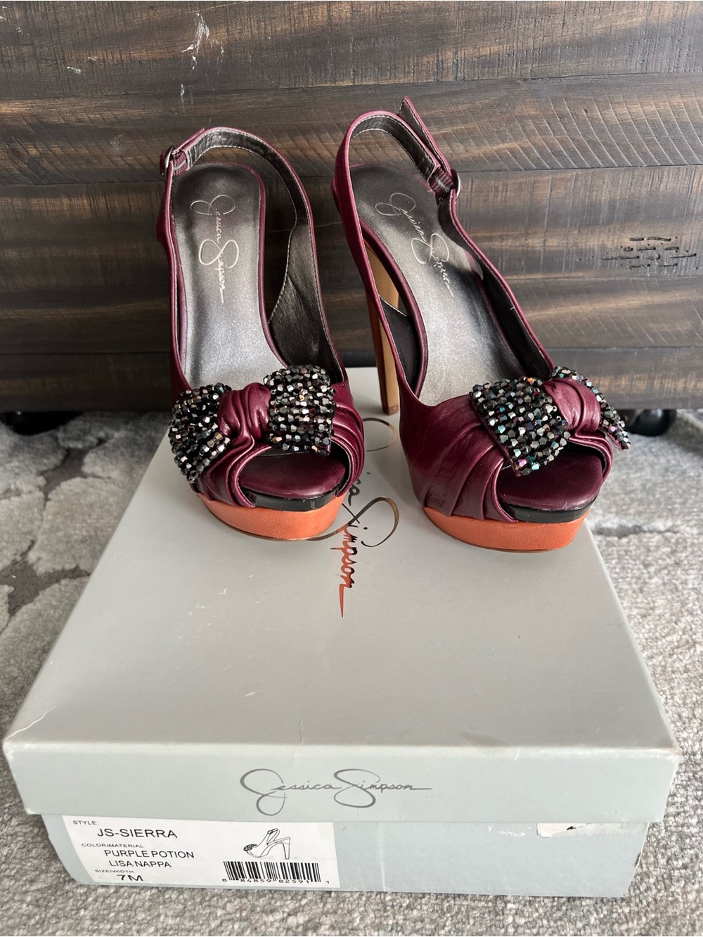 Jessica Simpson Burgundy and Orange Embellished Peep-Toe Heels